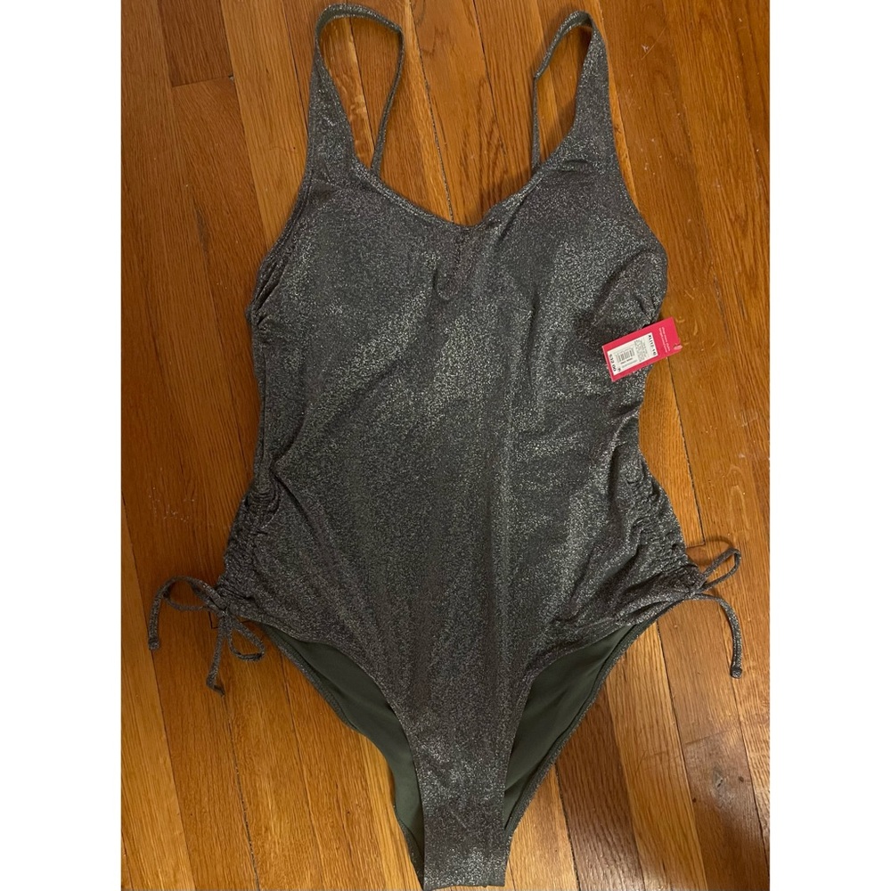 Metallic side-cinch one piece swimsuit - Glitter Moss Green